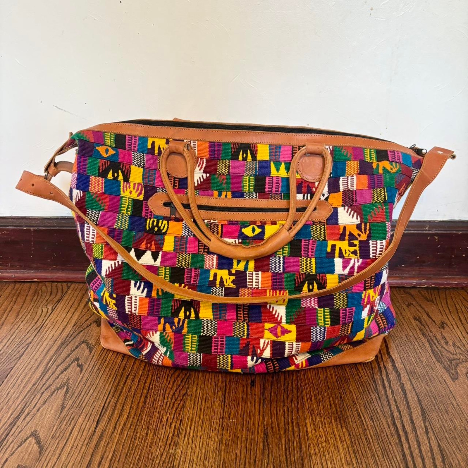 Vintage Colorful Handmade Handwoven Patchwork Tapestry Leather Duffle Travel Bag